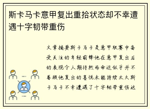 斯卡马卡意甲复出重拾状态却不幸遭遇十字韧带重伤