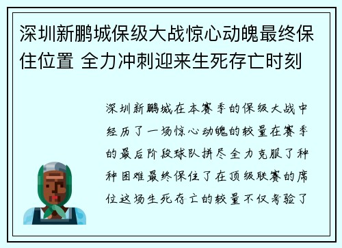 深圳新鹏城保级大战惊心动魄最终保住位置 全力冲刺迎来生死存亡时刻